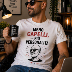 T-shirt meno capelli più personalità con stampa ironica per pelati