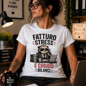 T-shirt Fatturo stress e chiudo bilanci con stampa ironica per commercialisti