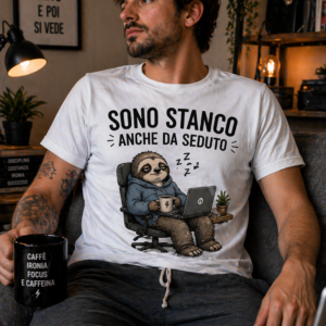 T-shirt Sono stanco anche da seduto con stampa ironica