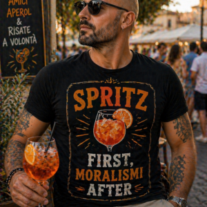 T-shirt Spritz first moralismi after con stampa ironica aperitivo