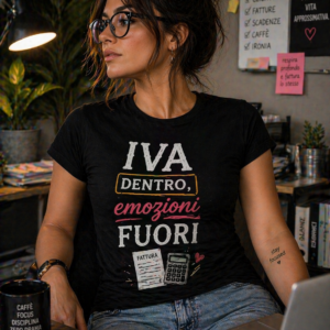 T-shirt IVA dentro emozioni fuori con stampa ironica per commercialisti