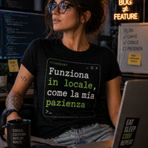 Maglietta Funziona in locale con stampa sarcastica informatica