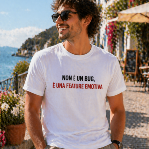 T-shirt feature emotiva con scritta Non è un bug, è una feature emotiva