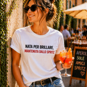T-shirt aperitivo Nata per brillare mantenuta dallo spritz con stampa ironica