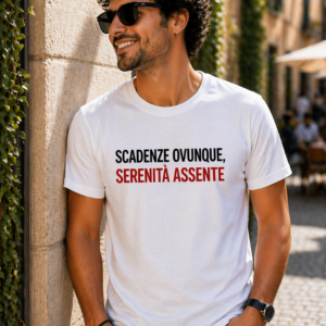 T-shirt commercialista ironica con scritta Scadenze ovunque serenità assente