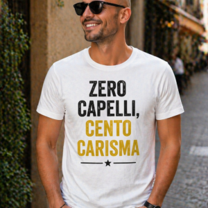 T-shirt Zero capelli cento carisma con stampa ironica su sfondo bianco