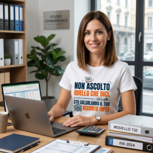 T-Shirt calcolo acconto IRPEF con frase ironica per professionisti