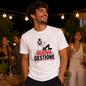 T-Shirt Nuova Gestione con scritta ironica per Addio Celibato